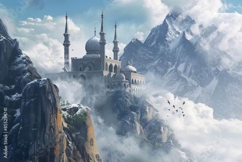 ancient mosque perched atop an alpine mountain, with snowcapped peaks and clouds forming a dramatic backdrop. Birds soar around the mosque, adding a touch of life to the serene sce