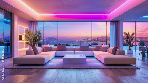 modern living room mockup with indirect neon lighting and stunning view to a city