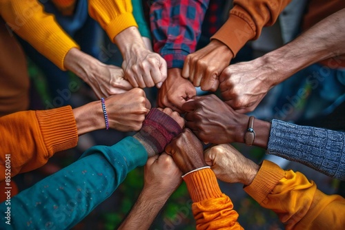 Title: Multicultural Team Unites in Fist Huddle for Racial Equality and Inclusion