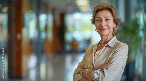 A woman stands with her arms crossed in a hallway, possibly waiting or feeling assertive