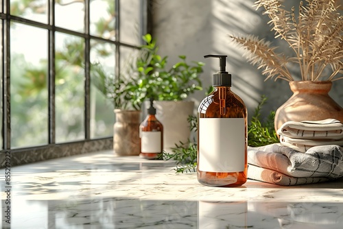 Amber cosmetic bottles on marble surface