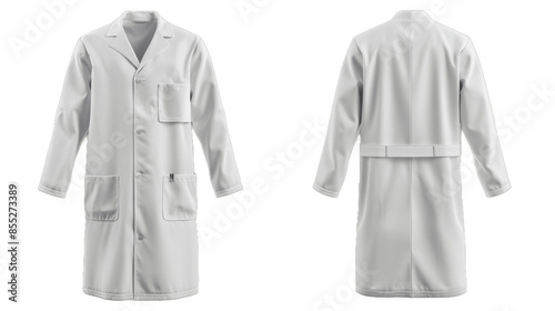 Blank white medical lab coat mockup front and side view 3d rendering Empty doctors overcoat with pocket mock up Isolated on transparent background PNG