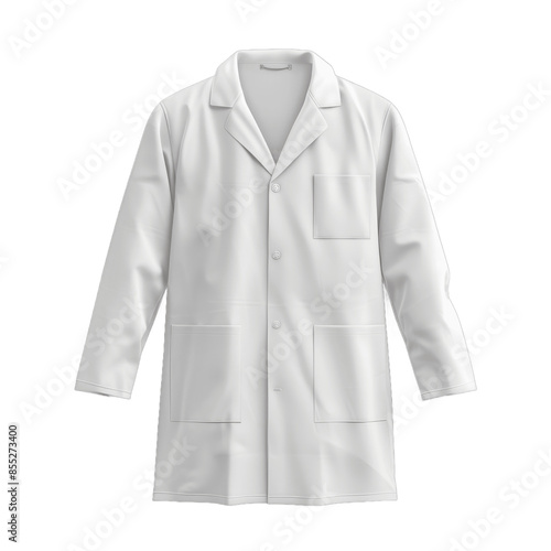 Blank white medical lab coat mockup front view 3d rendering Empty doctor or scientist labcoat for hospital uniform mock up Isolated on transparent background PNG