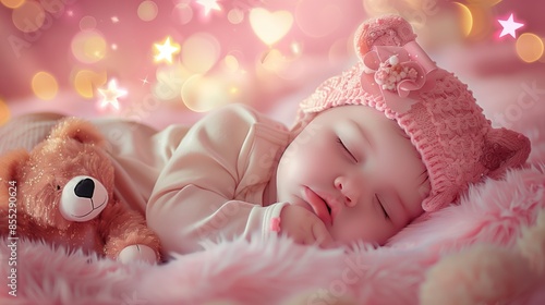 adorable baby girl napping with teddy bear in pink fluffy blanket surrounded by stars