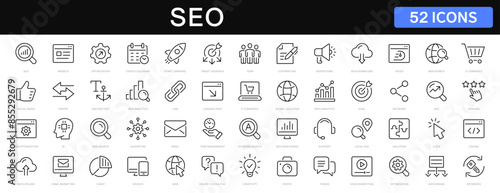 SEO - search engine optimization thin line icons set. seo icon collection. Search optimization symbol. Editable stroke icons. Vector illustration