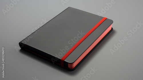 Black notebook with red bookmark isolated on grey background.