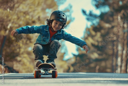 Young boy wearing helmet crouching on skateboard on road