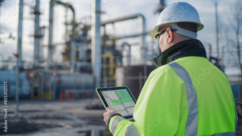 Capture the strategic focus of engineers utilizing digital tablets displaying energy distribution maps and efficiency analytics, essential for their continuous improvement efforts