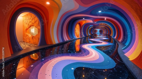 Colorful striped walls line a winding tunnel with a reflective water feature in the center, painted in shades of blue, pink, orange, and yellow.
