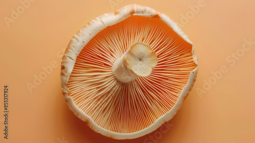 intricate gill patterns of mushroom underside - detailed spore dispersal structure on light orange backdrop