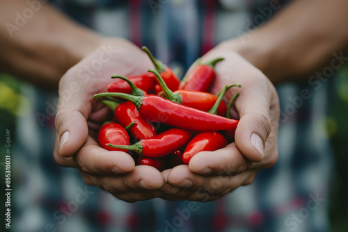 Enjoy the sight of freshly harvested red chili peppers in hands, a result of organic farming. Ideal for promoting organic produce, sustainable agriculture, and vibrant food imagery