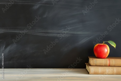 blackboard with books and an apple on the desk, with space for text. Web banner with copy space on the right in the style of various artists