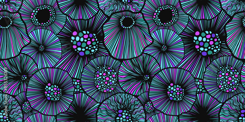 Blue-black-violet circles graphics. Seamless background. Graphic round flowers seamless pattern. hand drawing. Not AI. Vector illustration