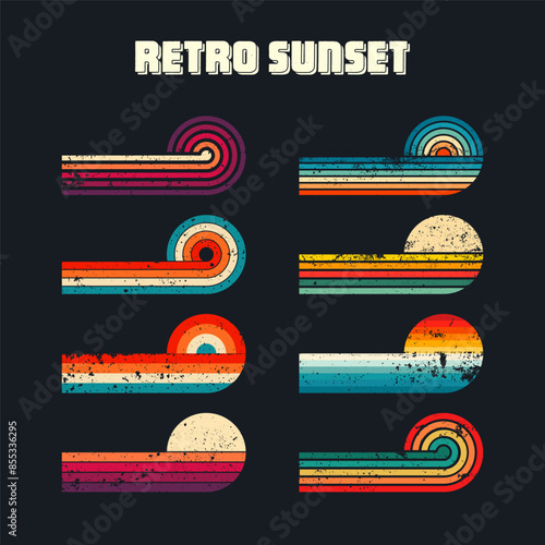 Grunge horizontal vintage sunsets. Various colorful striped sunrise badges in 80s and 90s style. Sun and ocean view, summer vibes, surfing. Design element, print, logo or t-shirt. Vector illustration
