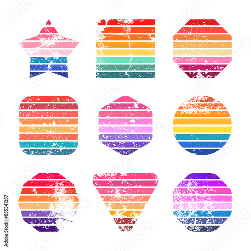 Grunge vintage sunset collection. Various colorful striped sunrise badges in 80s and 90s style. Sun and ocean view, summer vibes, surfing. Design element, print, logo or t-shirt. Vector illustration