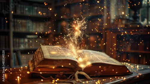 An open book with glowing sparks, surrounded by old shelves