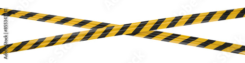 Isolated crossed police warning tape with yellow and black stripes. Stretched caution ribbon.