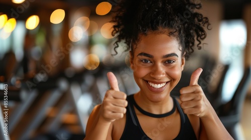Smiling athletic mix raced young woman with fit body and fitness clothes thumb up on blurred gym background, concept of fit, lose weight, healthy lifestyle, success, confident, make it, work out