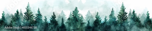 Foggy spruce forest watercolor illustration, panorama wide web banner border decoration, for card, web banner, Christmas backgrounds.