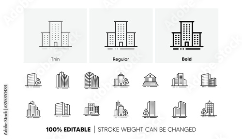 Bank, Hotel, Courthouse. Buildings line icons. City, Real estate, Architecture buildings icons. Hospital, town house, museum. Urban architecture, city skyscraper. Linear set. Line icons set. Vector