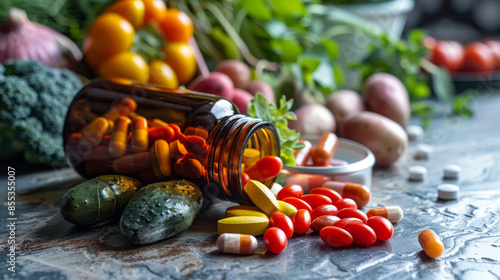 Assorted vitamins and supplements spilled from a bottle on a table, surrounded by fresh vegetables, highlighting health and nutrition.