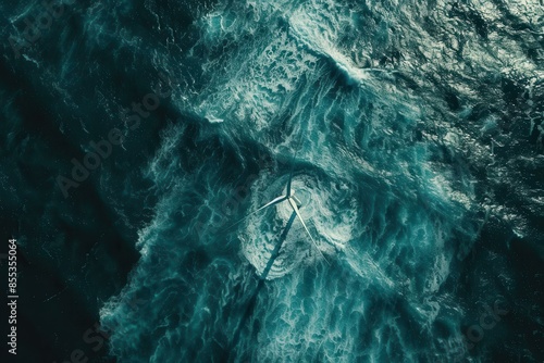 Aerial View of Offshore Wind Turbine in Turbulent Ocean, Renewable Energy Concept