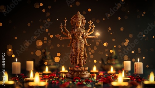 The statue of Goddess Durga stands majestically, surrounded by lights and candles