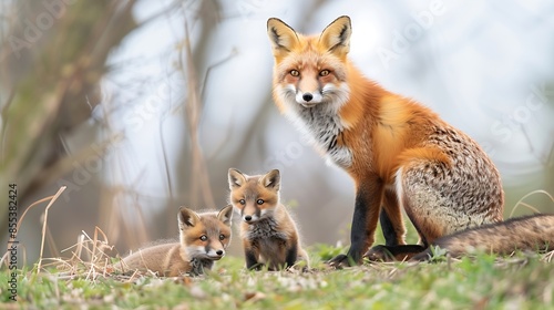 A red fox mom vixen and 2 kits appear outside their den Mom scans the area for danger as the kits cling to her side kits cubs female babies den red alert spring : Generative AI