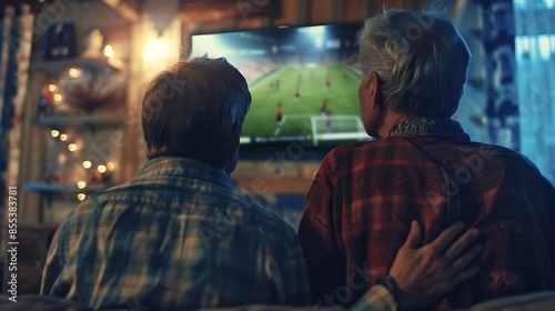 Rear view of a young and older man watching a football match on tv and cheering at home : Generative AI