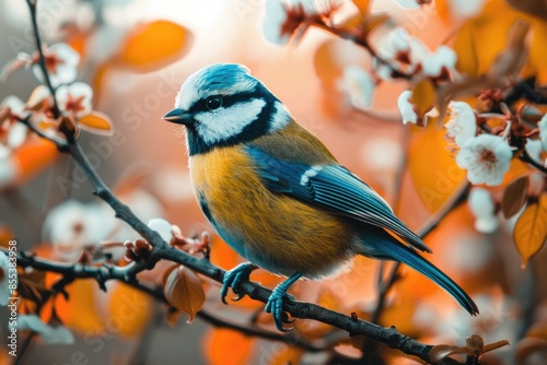 A blue and orange bird is perched on a branch. The bird is small and has a blue head and orange body. The image has a warm and peaceful mood