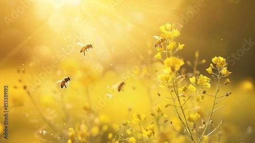 As the sun bathes the fields in warm hues in this time In the golden fields of mustard flowers bees are collecting honey with precision and care : Generative AI