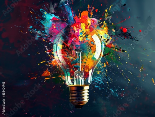 Creative light bulb explodes with colorful paint and splashes on a black background. Think differently creative idea concept - ai