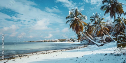 hot tropical beach with palm trees covered with snow. climate changing