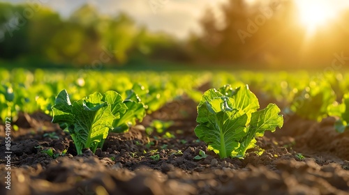 Close-up of green vegetables growing in dirt with farm field at sunset. Goodness comes from nature. Still life shot of plants in a garden - Generative AI