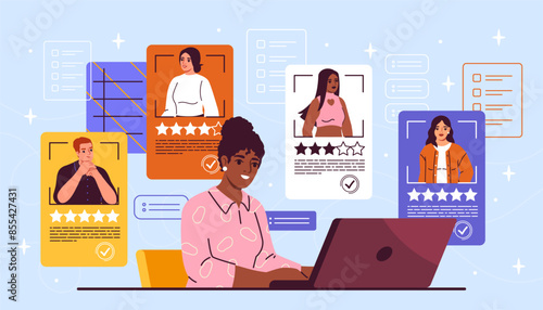 Recruitment process concept. Woman with laptop evaluate candidates to vacancy. HR manager engaged in headhunting. Character compiling employee resume rating. Cartoon flat vector illustration