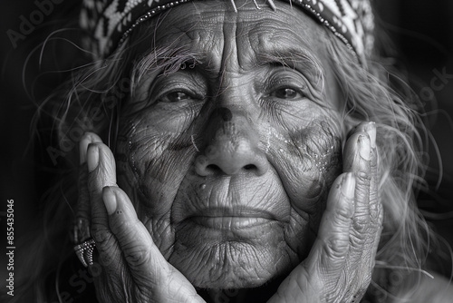 Black and white portrait of native american elderly woman with her hands on her face