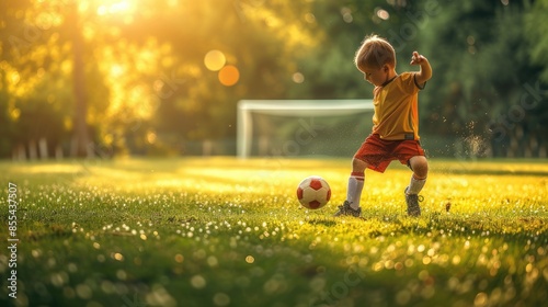Portrait of children running and playing football at football field. Attractive energetic boy wearing sportswear while preparing for powerful kick at soccer field. Skilled kid playing soccer. AIG42.