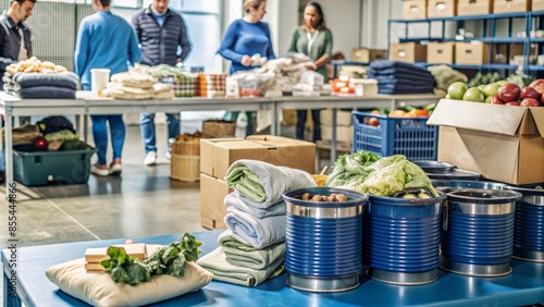 Tables piled high with donated clothing, shelves stacked with canned goods, and bins overflowing with fresh produce in a bustling community charity center.,hd 8k