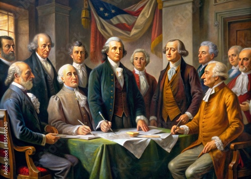 banner concept featuring a digital illustration of the founding fathers signing the declaration of independence