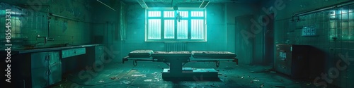 Abandoned morgue room with a neon-lit operating table, futuristic and eerie atmosphere with window light creating dramatic shadows