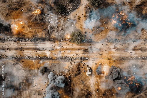 A drones-eye view of a battlefield highlighting troop movements explosions and the overall scope of conflict