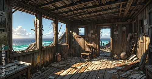 abandoned shack hut interior on beach ocean coast in summer. old wood house cabin by sea and water waves.