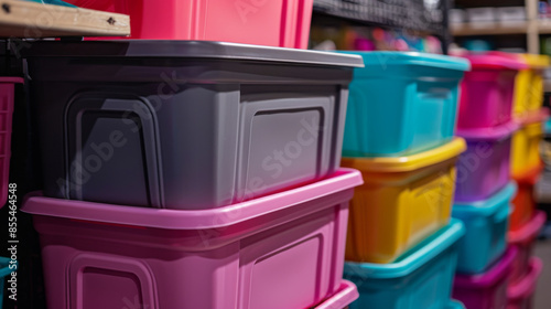 A variety of brightly colored plastic storage bins arranged in a row, perfect for organizing and storing items.