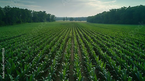 Drone capturing an expansive cornfield, with tall green stalks stretching out in neat rows under a clear blue sky. Minimalist approach with realistic details, emphasizing the scale 