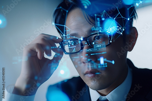 Futuristic Businessman Interacting with Holographic Screen