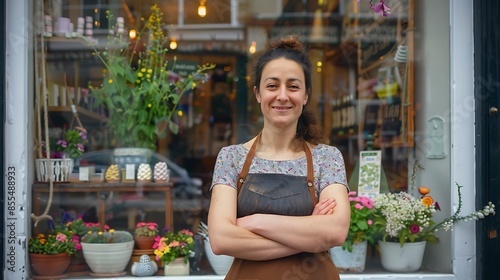 A small business owner proudly standing in front of their boutique shop, with a beautifully arranged window display and a welcoming atmosphere, emphasizing the pride and identity of local businesses