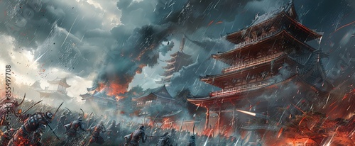 A fierce battle between samurai and oni demons in a storm Japanese temple in the background