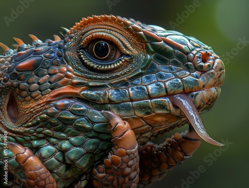 A close-up of a bright green iguana with its tongue out. AI.