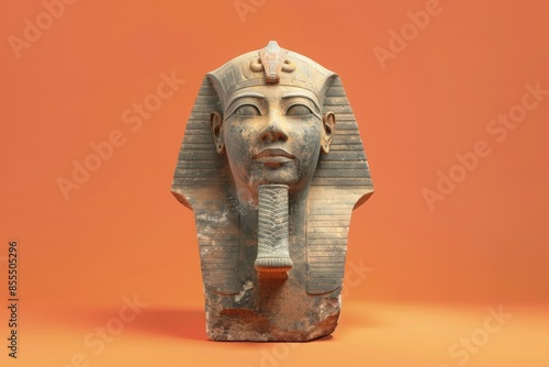 Stone statue of ancient Egyptian Pharaoh against orange background, showcasing historical architecture and culture.