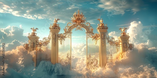 Heavenly Golden Gates Amidst Clouds. Majestic golden gates with intricate details and angel statues, set against a backdrop of fluffy clouds and a bright blue sky.